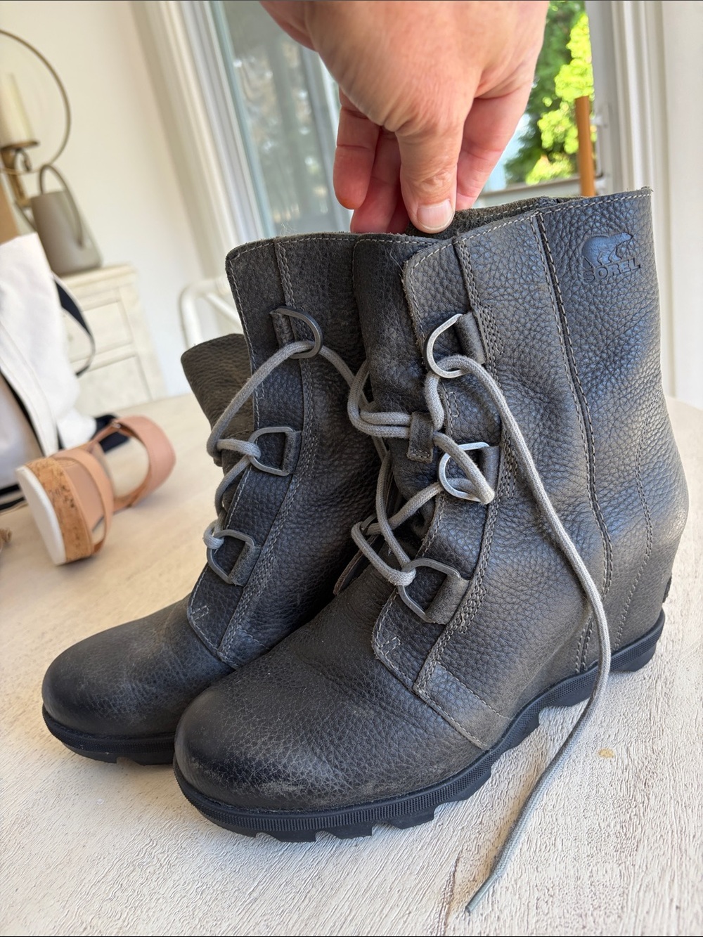 Sorel Gray Leather Lace-Up Wedge Ankle Boots